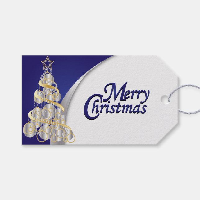 Étiquettes-cadeau Élégant Noël Bleu, Argent, Blanc et Or (Devant (Horizontal))