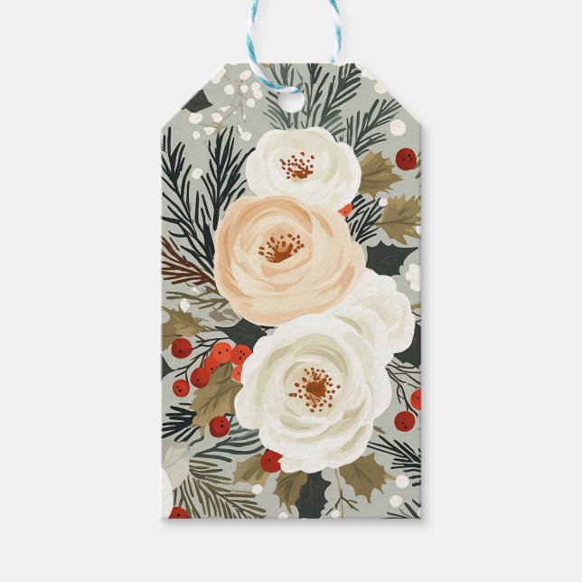 Étiquettes-cadeau Elégant Noël Roses blanches et Berry rouge d'hiver (Devant)