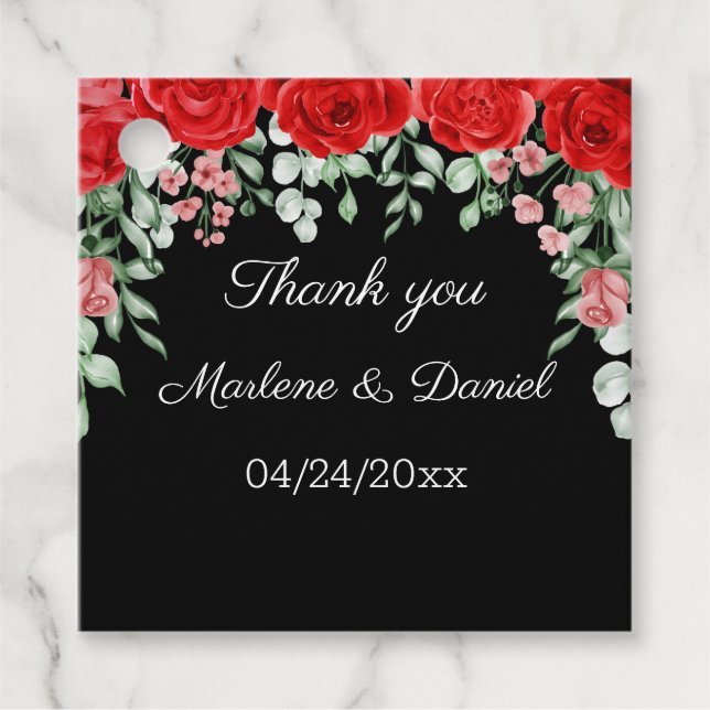 Étiquettes Cadeau Élégant noir et rouge FLoral Mariage (Devant)