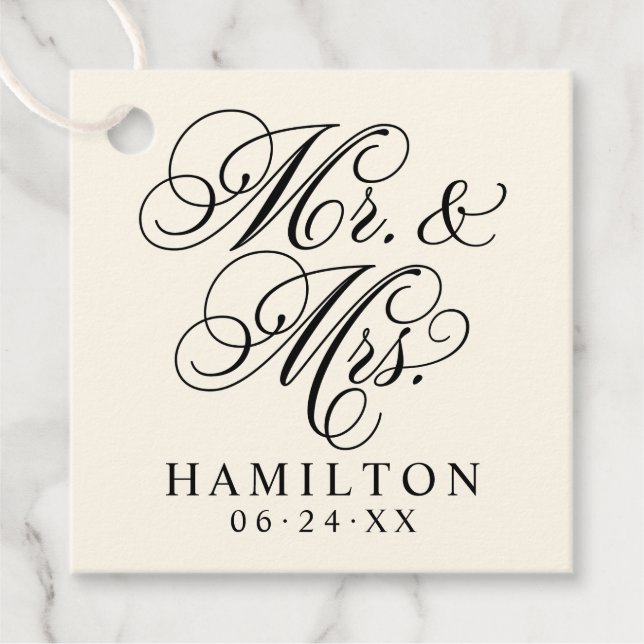 Étiquettes Cadeau Élégant noir M et Mme Script Monogramme personnali (Devant)