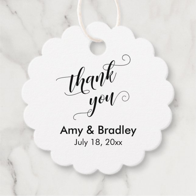 Étiquettes Cadeau Élégant, noir sur Merci Mariage blanc (Devant)
