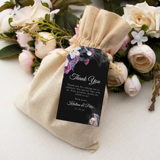 Étiquettes-cadeau Élégant noir violet gothique Mariage crâne floral (Créateur téléchargé)