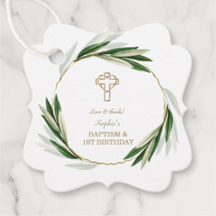 Étiquettes Cadeau Elégant Olive Feuille Gold 1er Anniversaire & Bapt