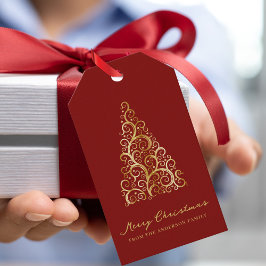 Étiquettes-cadeau Élégant or rouge sapin de Noël personnalisé