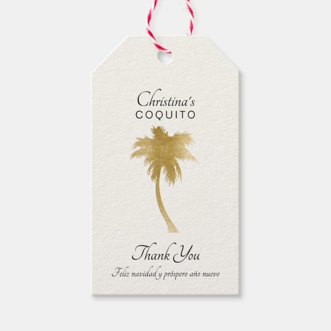 Étiquettes-cadeau Elégant palmier Goldtone Merci Coquito (Devant)