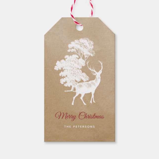 Étiquettes-cadeau Elégant papier Kraft Cerf blanc en forêt (Devant)