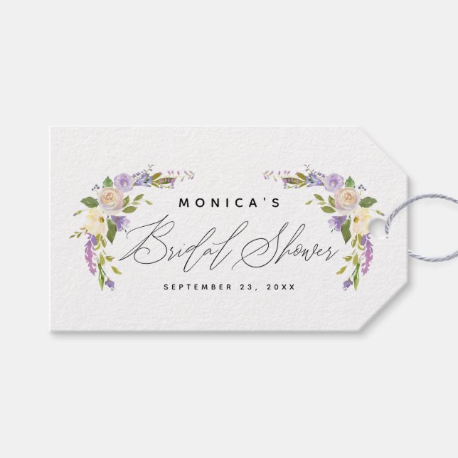 Étiquettes-cadeau Élégant Purple Floral Fête des mariées Script (Devant (Horizontal))