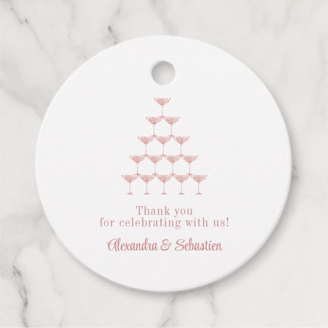 Étiquettes Cadeau Élégant Rose Champagne Tour Mariage Script (Devant)
