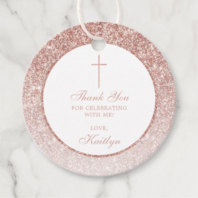 Étiquettes Cadeau Élégant Rose Parties scintillant Or Confirmation O (Devant)