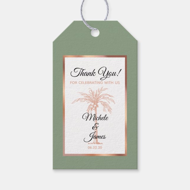 Étiquettes-cadeau Elégant Rose Vert Sage Gold Palm Tree Mariage (Devant)