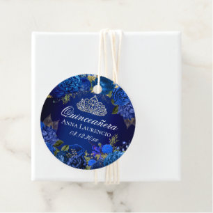 Étiquettes Cadeau Élégant Royal Bleu Fleurs Roses Quinceanera