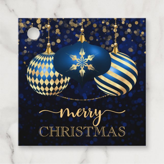 Étiquettes Cadeau Elégant Royal Blue & Gold Baubles Joyeux Noël (Devant)