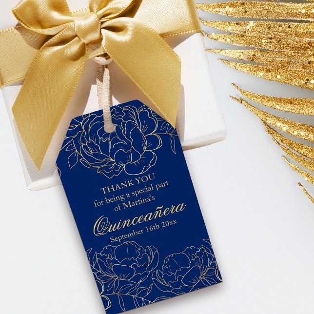 Étiquettes-cadeau Elégant Royal Blue Gold Floral Sketch Quinceanera (Blue and Gold Quinceanera Gift Tag from my Gold Sketched Floral collection)