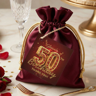 Étiquettes Cadeau Elegant Ruby Red and Gold 50th Birthday Thank You