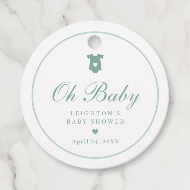 Étiquettes Cadeau Élégant Sage Green Script Oh Baby shower (Devant)