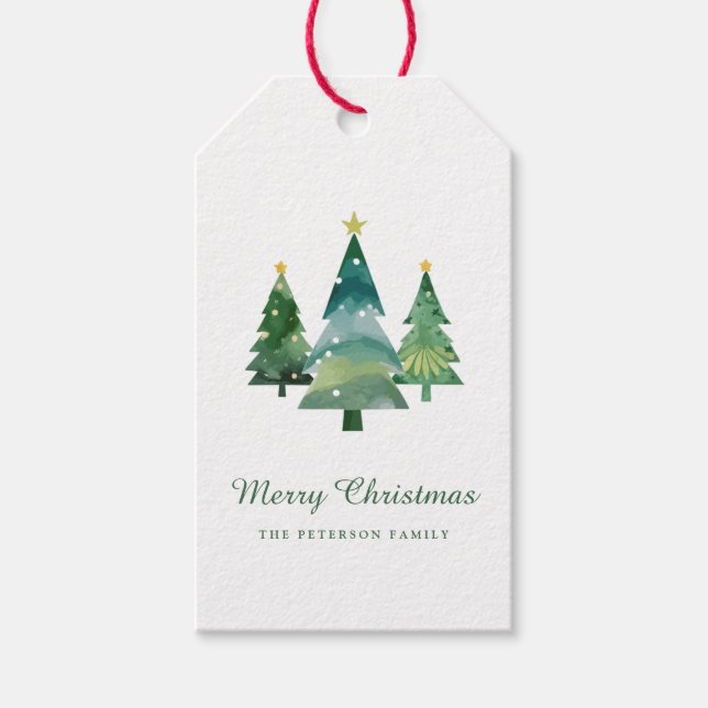 Étiquettes-cadeau Élégant Script Aquarelle Arbres de Noël (Devant)