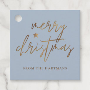 Étiquettes Cadeau Élégant Script Joyeux Noël Gold Star Bleu