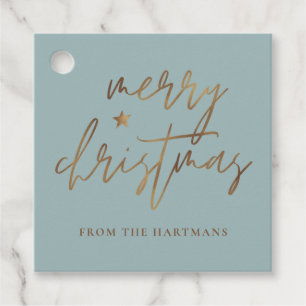 Étiquettes Cadeau Élégant Script Joyeux Noël Gold Star Lite Turquois