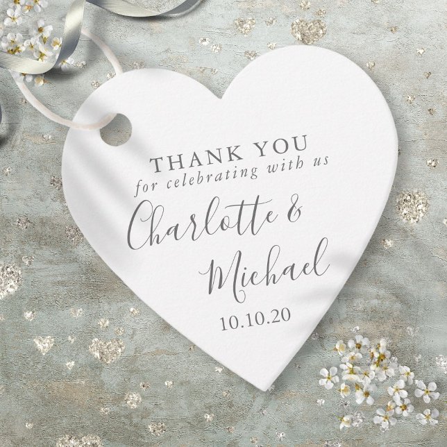 Étiquettes Cadeau Élégant Script Mariage Merci Coeur (Elegant Script Wedding Thank You Heart Favor Tags)