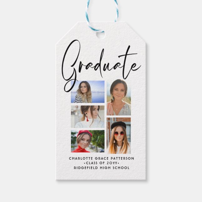 Étiquettes-cadeau Élégant Script Multi Photo Graduate (Devant)