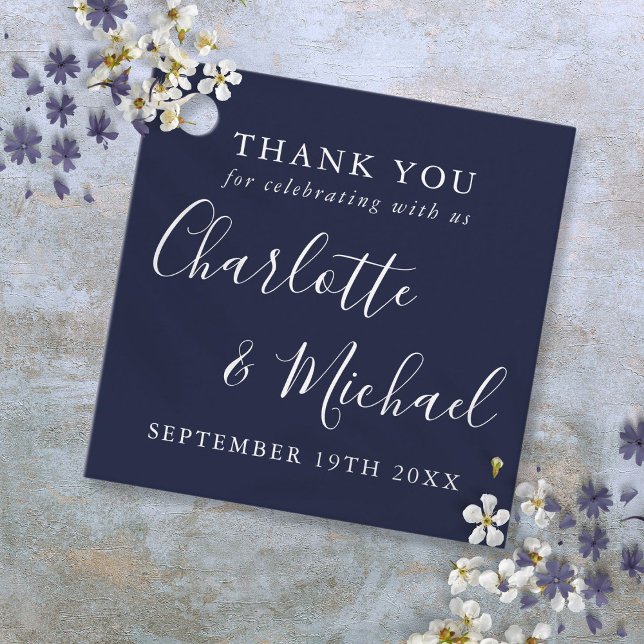 Étiquettes Cadeau Élégant Signature Marine Mariage bleu Merci (Elegant Signature Navy Blue Wedding Thank You Favor Tags)