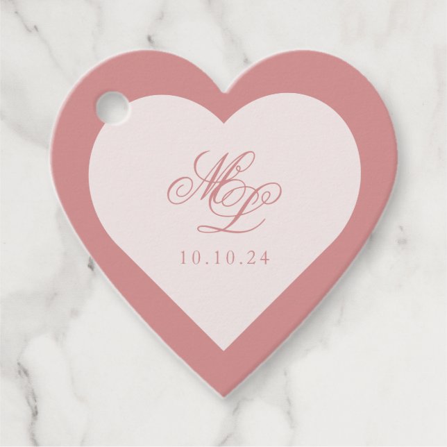 Étiquettes Cadeau Élégant simple coeur rose monogramme (Devant)