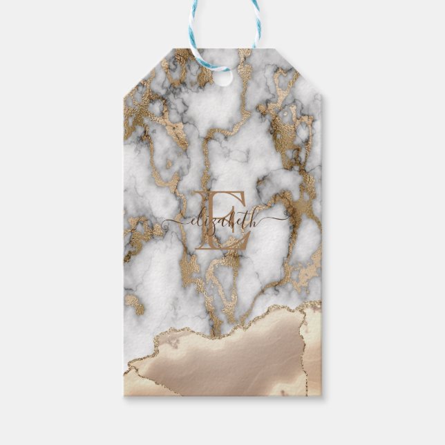 Étiquettes-cadeau Élégant style monogramme en marbre crème avec pail (Devant)