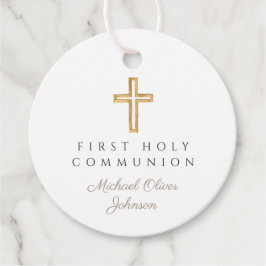 Étiquettes Cadeau Elégant Taupe Cross Boy First Communion Round