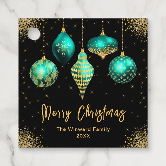 Étiquettes Cadeau Elegant Teal and Gold Ornament Christmas (Devant)