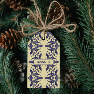 Étiquettes-cadeau Elégant vintage damassé marine bleu jaune monogram