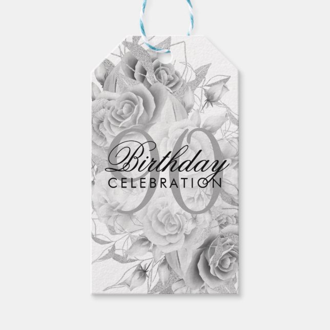 Étiquettes-cadeau Elégante 90e fête d'anniversaire Floral Argent Bla (Devant)
