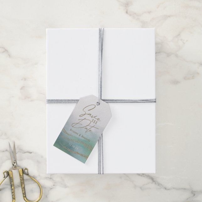 Étiquettes-cadeau Elégante aquarelle dans Ocean & Gold Économisez no (Avec de la ficelle)