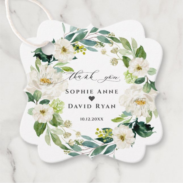 Étiquettes Cadeau Elégante aquarelle Fleurs blanches Mariage de cour (Devant)
