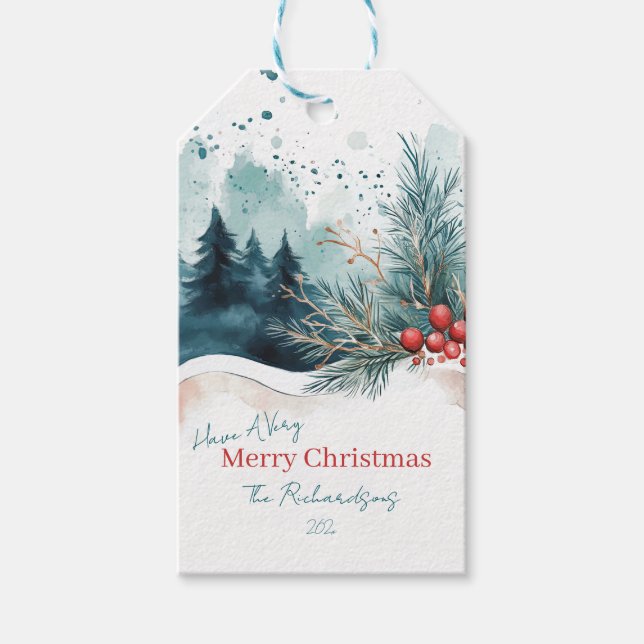 Étiquettes-cadeau Elégante aquarelle Forêt de Noël (Devant)