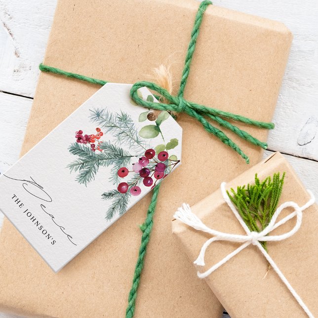 Étiquettes-cadeau Elégante aquarelle hiver verdure Berries rouges (Elegant Watercolor Winter Greenery Red Berries Gift Tags)