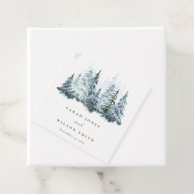 Étiquettes Cadeau Elégante aquarelle neige hiver Mariage de pin (En situation)