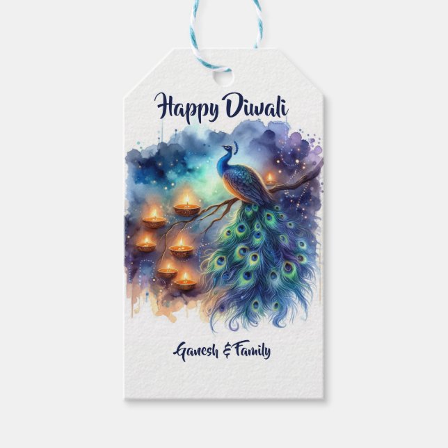 Étiquettes-cadeau Elégante aquarelle Peacock Diwali (Devant)