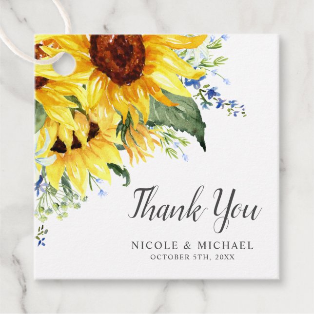 Étiquettes Cadeau Elégante aquarelle tournesols Mariage Merci (Devant)