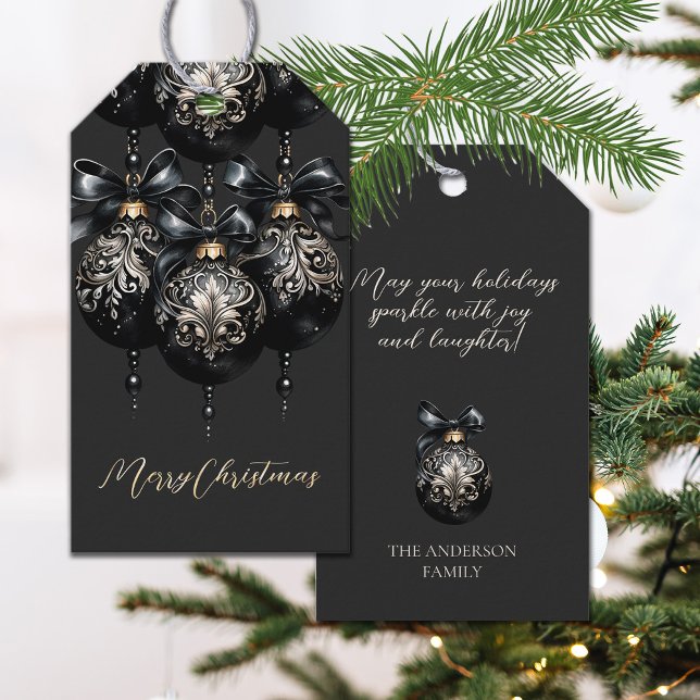 Étiquettes-cadeau Elégante Baubles d'or noir luxe soumission de Noël (Black and gold elegant classic ornate gift tags)