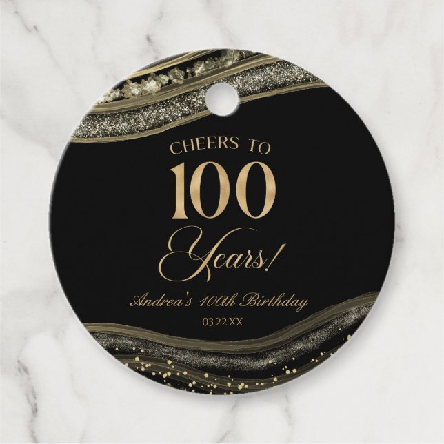 Étiquettes Cadeau Elégante Black Gold Agate 100e fête d'anniversaire (Devant)