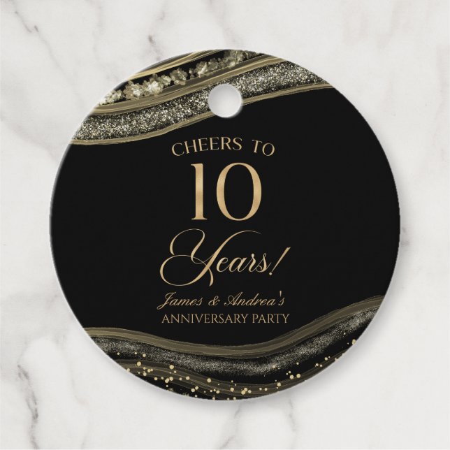 Étiquettes Cadeau Élégante Black Gold Agate 10e Anniversaire fête (Devant)