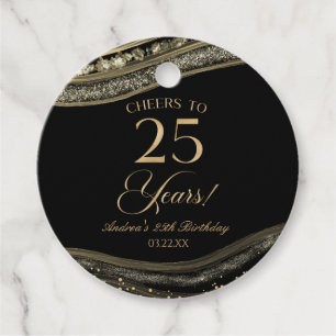 Étiquettes Cadeau Elégante Black Gold Agate 25e fête d'anniversaire