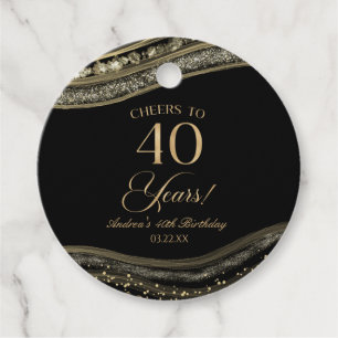 Étiquettes Cadeau Elégante Black Gold Agate 40e fête d'anniversaire