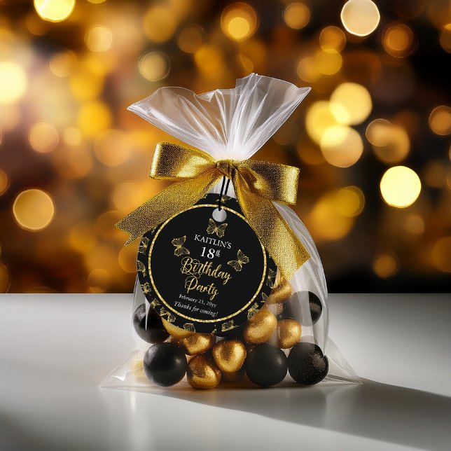 Étiquettes Cadeau Elégante Black Gold Butterflies 18e fête d'anniver (Elegant Black and Faux Gold Butterflies 18th Birthday Party  Party Favor Tags)