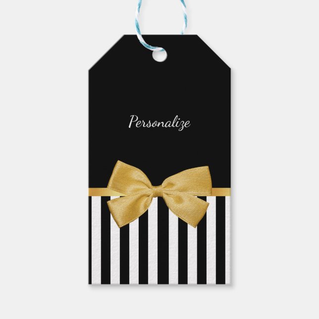 Étiquettes-cadeau Elégante Bow Or Grilles Noir et Blanc avec nom (Devant)