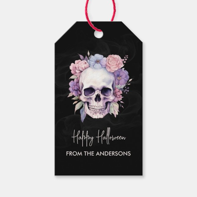 Étiquettes-cadeau Élégante crâne floral gothique Joyeux Halloween pe (Devant)