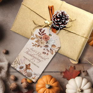 Étiquettes-cadeau Elégante Crème Brown Rustique Floral Thanksgiving