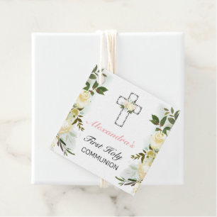 Étiquettes Cadeau Elégante croix d'argent florale 1ère sainte commun