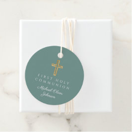 Étiquettes Cadeau Élégante Croix Verte Première communion ronde