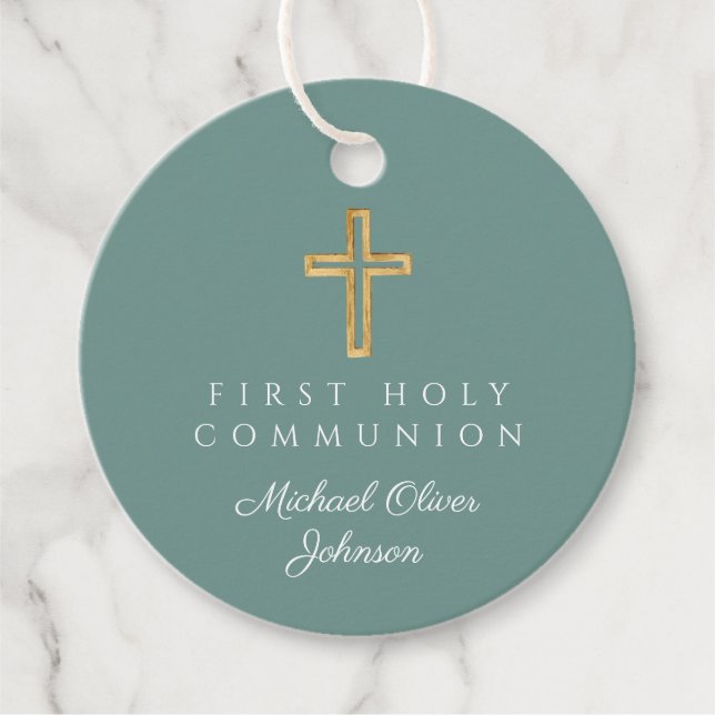 Étiquettes Cadeau Élégante Croix Verte Première communion ronde (Devant)